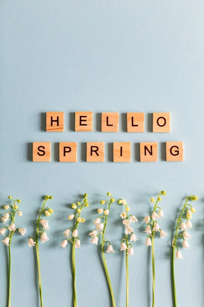 Lilies Valley Blue Photo Text Wooden Letters Hello Spring — Stock Photo, Image