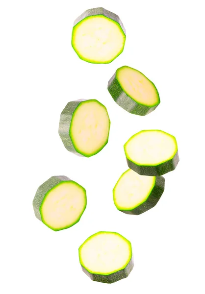 Isolated Vegetables Seven Slices Zucchini Air White Clipping Path Package — Stock Photo, Image