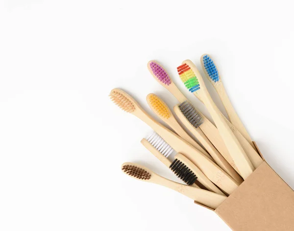 Multicolored Wooden Toothbrushes White Background Plastic Rejection Concept Zero Waste — Stock Photo, Image
