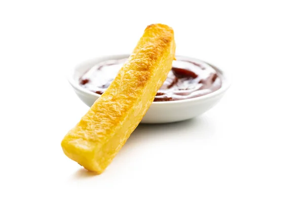 Batatas Fritas Grandes Batatas Fritas Com Ketchup Isolado Sobre Fundo — Fotografia de Stock