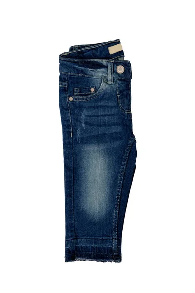 Blauwe Jeans Geïsoleerd Gevouwen Trendy Stijlvolle Donkerblauwe Denim Broek Broek — Stockfoto