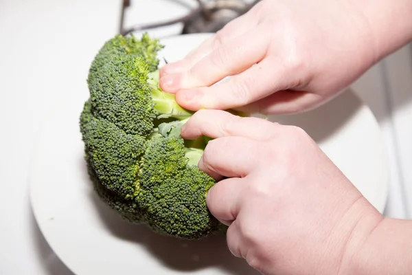 Tangan Wanita Memegang Brokoli Pada Latar Belakang Putih — Stok Foto