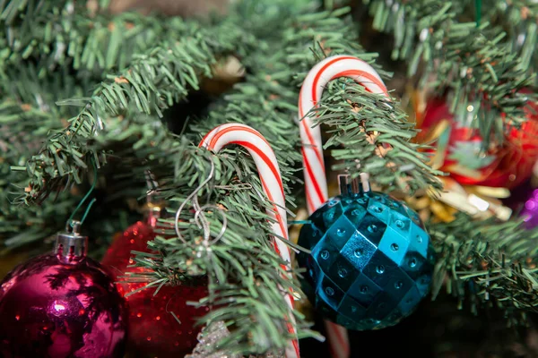 Due Bastoncini Zucchero Albero Natale Artificiale Vicino Decorazioni Viola Rosse — Foto Stock