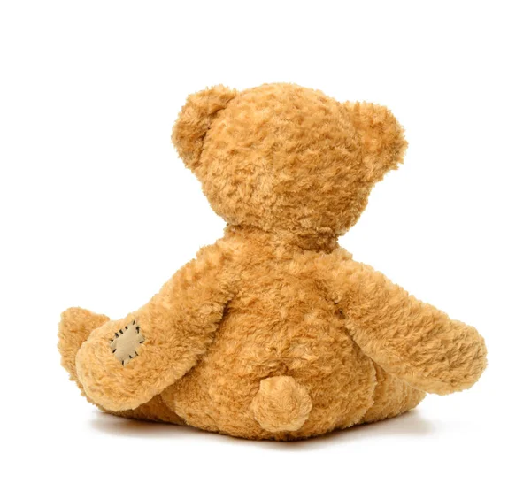 Brown Teddy Bear Sitting Back White Isolated Background Toy Patches — Stock Photo, Image