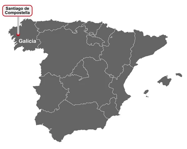 Landkarte Von Spanien Mit Ortsschild Von Santiago Compostella — 图库照片