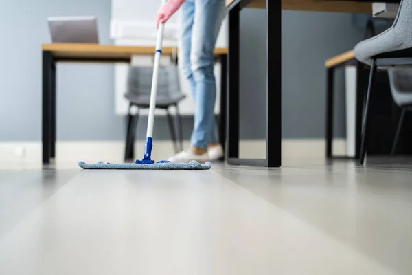 Female Janitor Mopping Floor Office Workplace — Stock Photo, Image