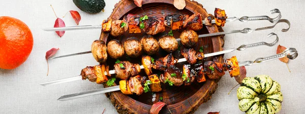 Kebab Skewers Meat Pumpkin Tasty Grilled Kebab — Stock Photo, Image