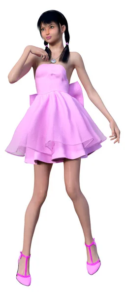 Рендеринг Симпатичной Азиатской Девушки Розовом Платье Белом Фоне — стоковое фото