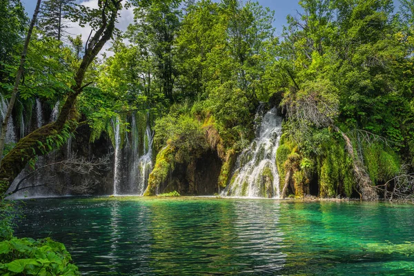 滝の上の閉鎖は 太陽の光に照らされた地衣類で覆われています プリトヴィツェ湖国立公園の緑豊かな森 ユネスコ世界遺産クロアチア — ストック写真