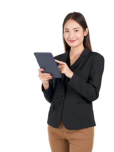 Young Asian Businesswoman Smile Black Suit Typing Tablet Computer Portrait — Stock Photo, Image
