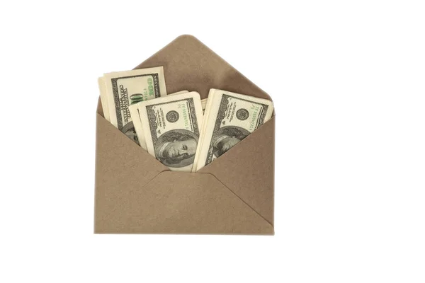 Envelope Papel Artesanal Preenchido Com Notas Cem Dólares Isoladas Fundo — Fotografia de Stock