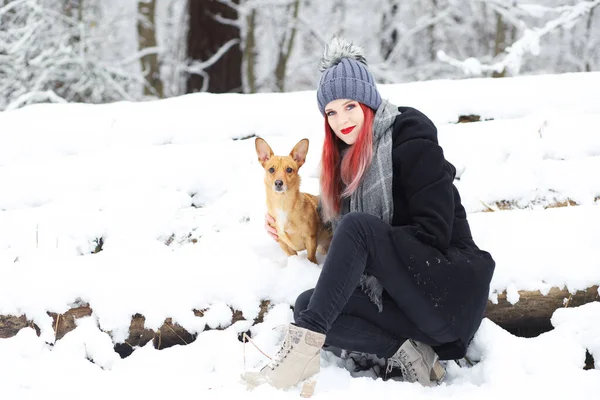 Leende Attraktiv Rött Hår Flicka Poserar Med Sin Bruna Hund — Stockfoto