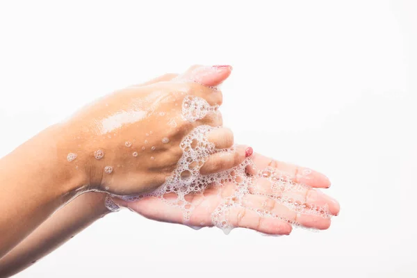 Close Jonge Aziatische Vrouw Wassen Handen Door Zeep Voor Reinheid — Stockfoto