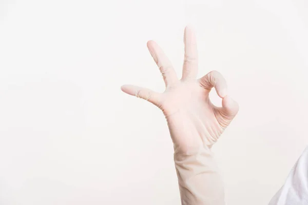 Vrouw Met Hand Naar Wit Rubber Latex Chirurgische Handschoen Voor — Stockfoto