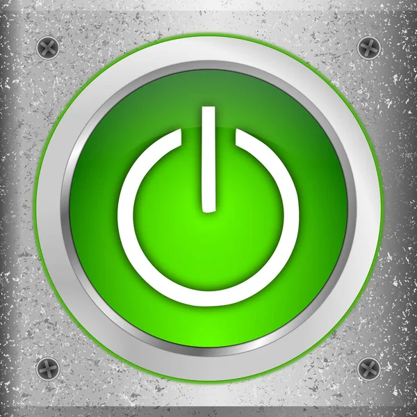 Power Button Groen Een Metalen Plaat Illustratie — Stockfoto