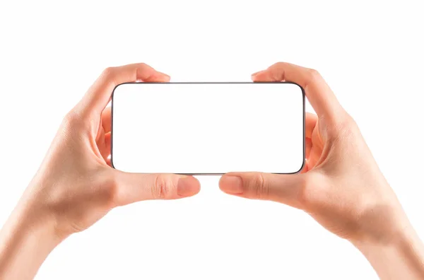 Jovem Mãos Segurando Telefone Inteligente Preto Isolado Caminho Clipping Branco — Fotografia de Stock