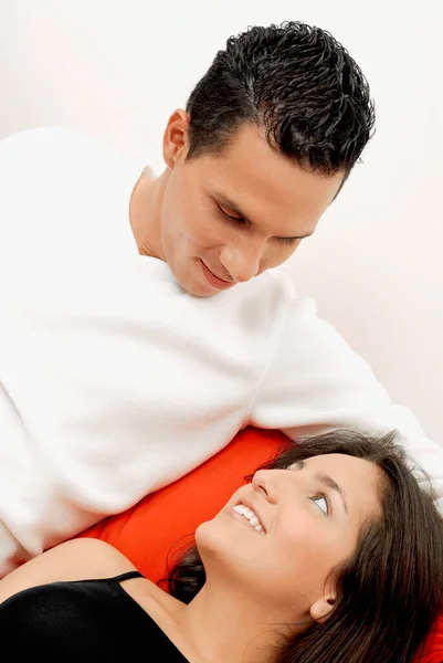 Young Couple Lying Bed Bedroom — Stock Photo, Image