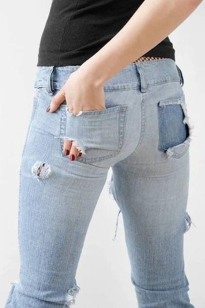 Mulher Jeans Calças Pretas Close — Fotografia de Stock