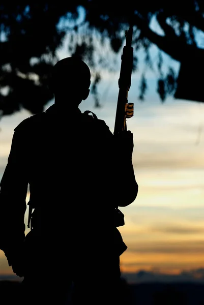 Силуэт Мужчины Пистолетом Фоне Заката — стоковое фото