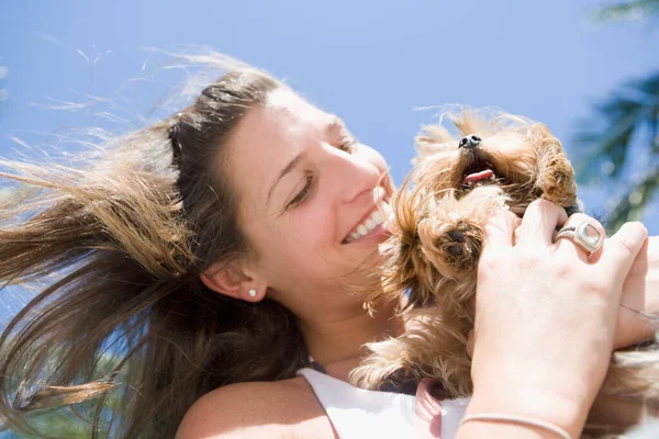 Young Woman Dog Beach — Stock Photo, Image