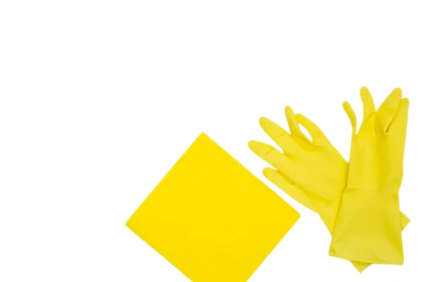 Резиновые Желтые Перчатки Желтая Ткань Микроволокна Изолированы Белом Фоне Очистки — стоковое фото