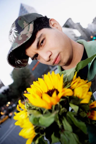 Young Man Bouquet Flowers — Stock Photo, Image