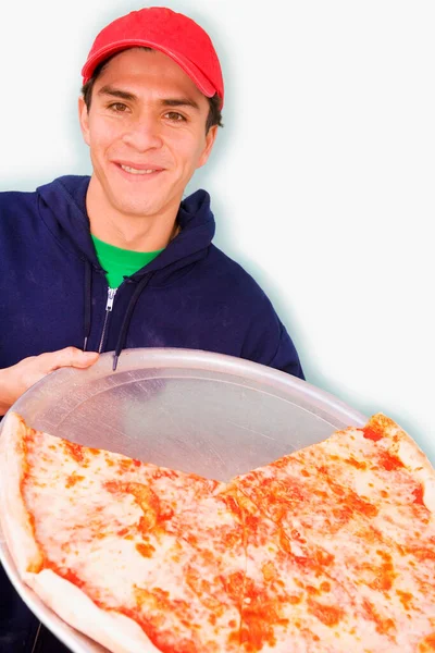 Koch Mit Pizza Der Küche — Stockfoto
