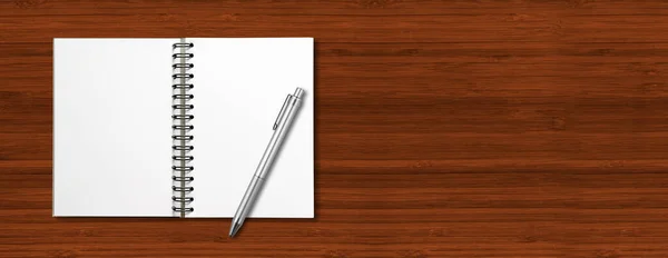 Blanco Open Spiraal Notebook Mockup Pen Geïsoleerd Donker Hout Horizontale — Stockfoto