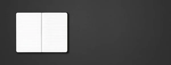 Black Open Lined Notebook Mockup Isolated Dark Background Horizontal Banner — Stock Photo, Image