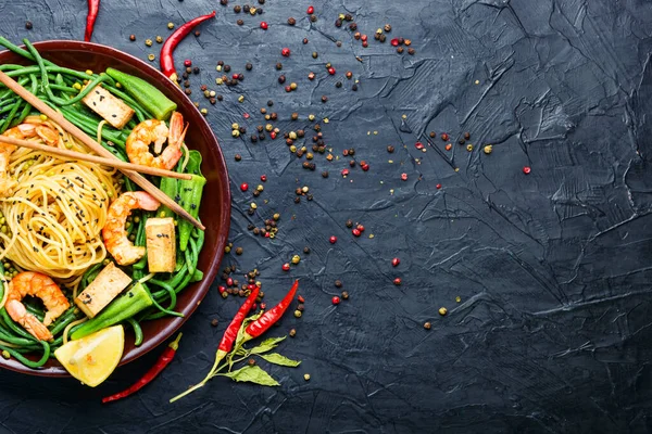 Smaklig Pasta Med Räkor Och Cowpea Plats Thailändskt Kök Plats — Stockfoto