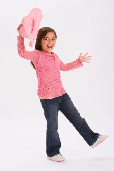 Cute Little Girl Różowej Sukience Zabawką Białym Tle — Zdjęcie stockowe