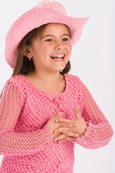 Petite Fille Chapeau Robe Rose — Photo