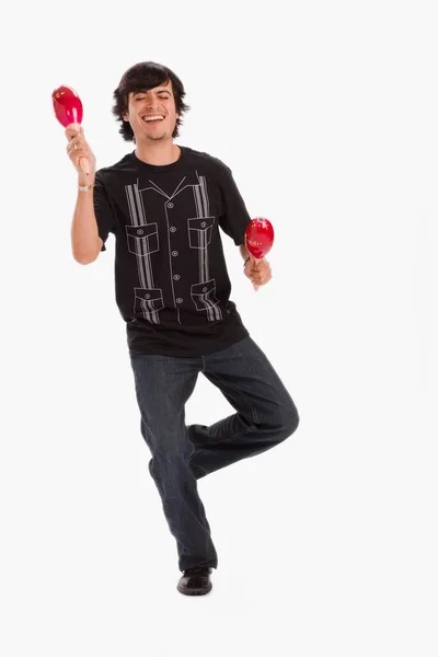 Joven Con Manzana Roja Sobre Fondo Blanco —  Fotos de Stock