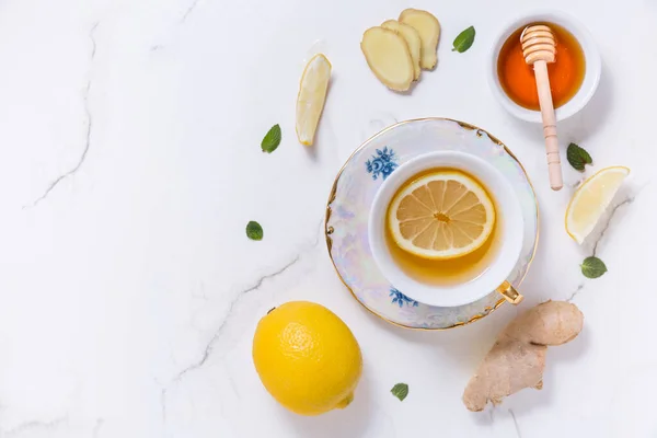 Tea Lemon Ginger Honey Natural Medicine White Background — Stock Photo, Image