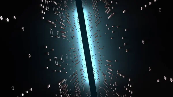 3D技術トンネル コンピュータ生成 チップとネオンライトの間の狭い空間の3Dレンダリング Sci Fi背景 — ストック写真