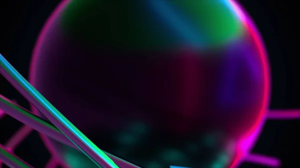 Iridescent Neon Sphere Plexus Metallic Fibers Computer Generated Render Abstract — Stock Photo, Image