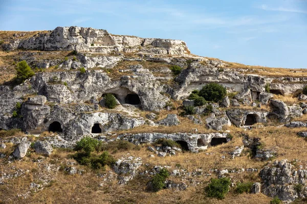 Widok Kanionu Rzeki Gravina Parku Rupestrian Kościołów Matera Domami Jaskiniach — Zdjęcie stockowe