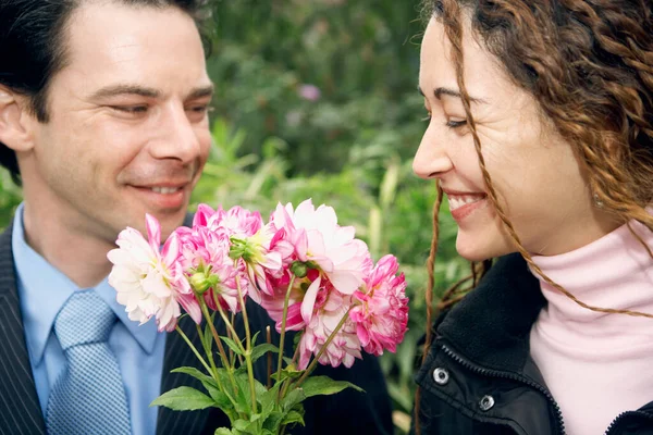 Young Couple Bouquet Flowers Stock Picture