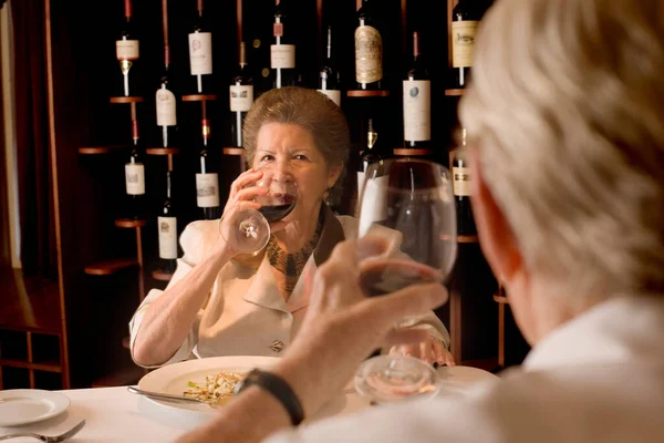 Portrait Mature Couple Toasting Wine Restaurant Stock Image