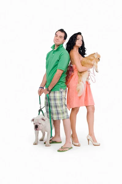 Junges Paar Mit Hund Und Hunden Auf Weißem Hintergrund — Stockfoto
