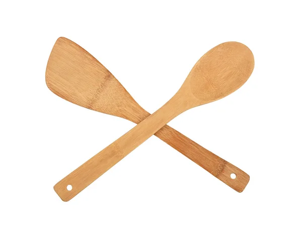 Close One Wooden Spatula One Spoon Crossed Natural Cooking Kitchen — Stock Photo, Image