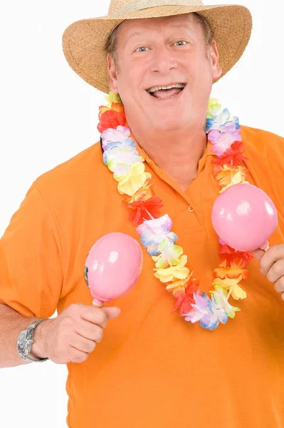 Studio Shot Happy Young Man Straw Hat Yellow Shirt Bunch — Stock Photo, Image