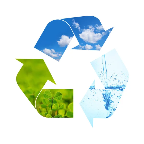 Ilustração Símbolo Reciclagem Elementos Natureza Grama Verde Céu Azul Água — Fotografia de Stock