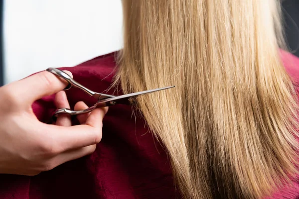 Detailní Záběr Blonďatých Žen Ochotných Stříhat Kratší Vlasy Kadeřník Nůžkami — Stock fotografie