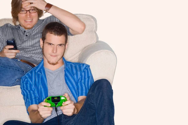 Vader Zoon Spelen Videospelletjes Met Joystick — Stockfoto