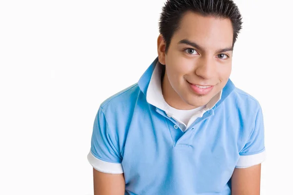 Portrét Pohledného Mladého Muže Modré Košili Bílém Pozadí — Stock fotografie