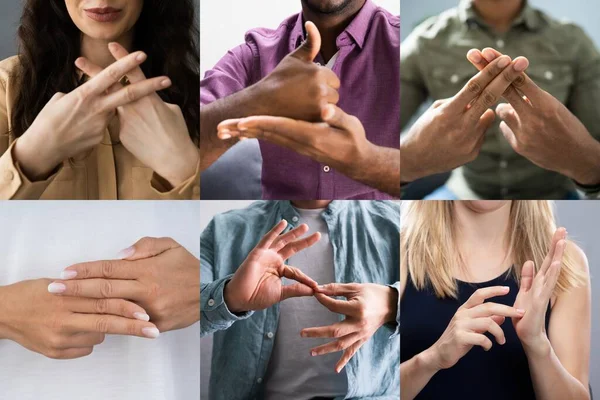 聋哑残疾大学生学习手语的成人 — 图库照片
