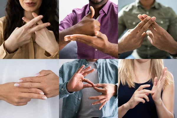 Adultos Aprendiendo Lenguaje Señas Para Sordos Con Discapacidad Collage —  Fotos de Stock