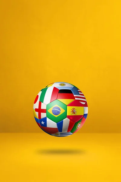 足球球 国旗孤立在黄色的工作室背景 3D插图 — 图库照片