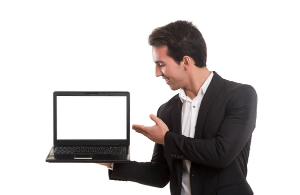 Młody Biznesmen Laptopem Izolowane Białym Tle — Zdjęcie stockowe